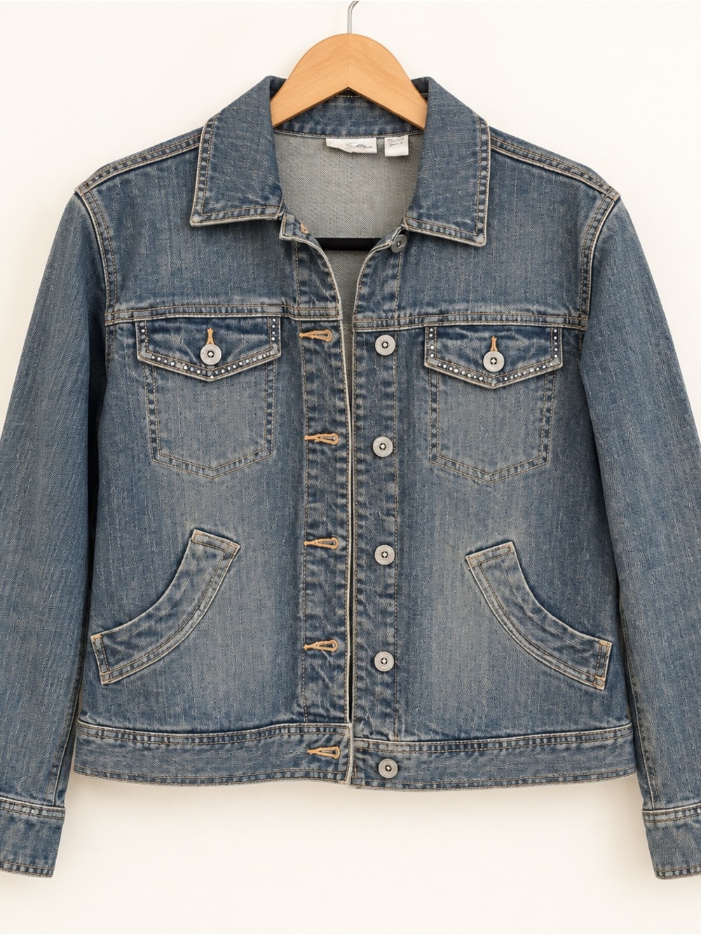 EUC Chicos Washed Blue Denim Jacket with Stud Detailing